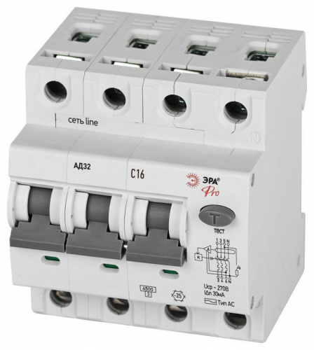 Выключатель автоматический дифференциального тока 3P+N C16 30мА тип АC защита 230В АВДТ 4.5кА PRO D32E4C16АC30P АД32 электронное Эра Б0057797 в г. Санкт-Петербург 