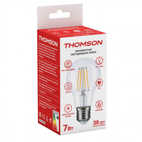Лампа светодиодная филаментная Thomson E27 7W 4500K груша прозрачная TH-B2060 в г. Санкт-Петербург  фото 2