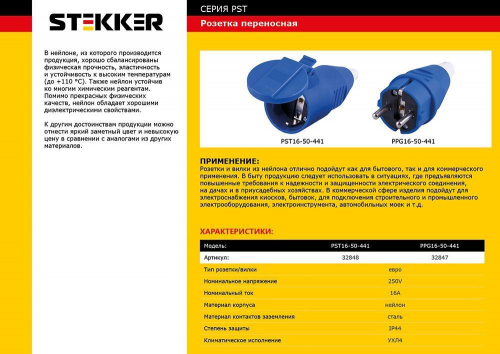 Вилка STEKKER PPG16-50-441 прямая с заземляющим контактом, нейлон 250В, 16A, IP44, синяя/белая 32847 в г. Санкт-Петербург  фото 2