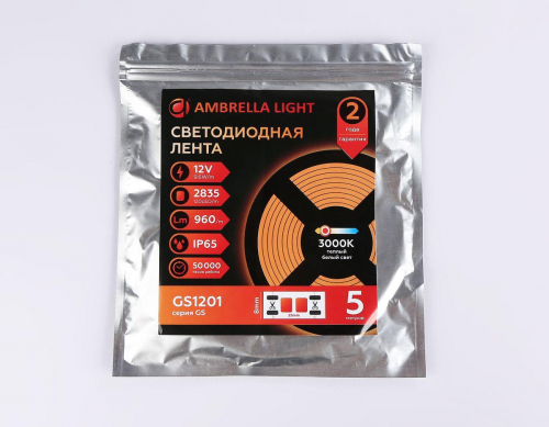 Светодиодная влагозащищенная лента Ambrella Light 9,6W/m 120LED/m 2835SMD теплый белый 5M GS1201 в г. Санкт-Петербург  фото 4