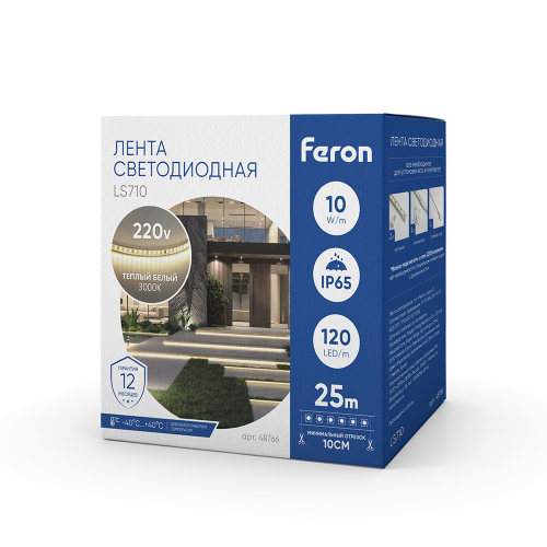 Светодиодная LED лента Feron LS710, 120SMD(2835)/м 10Вт/м 220V длина 25м, 3000K, IP65, с 1 сетевым шнуром, 2 заглушками, 2 коннекторами в комплекте 48766 в г. Санкт-Петербург  фото 7