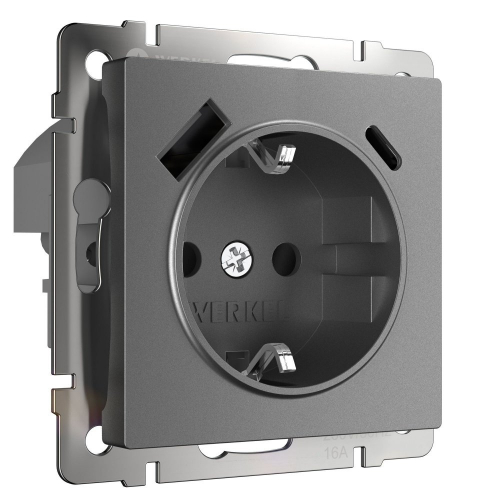 W1171764 Розетка с заземлением, шторками и USB тип A+C  (графит матовый) 