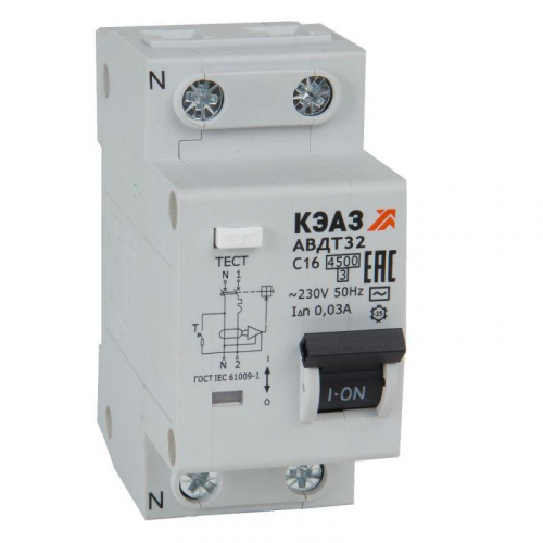 Выключатель автоматический дифференциального тока 2п C 16А 30мА тип AC 4.5кА АВДТ32-22C16-AC УХЛ4 КЭАЗ 318361 в г. Санкт-Петербург 