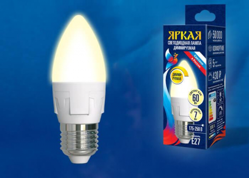 Лампа светодиодная диммируемая Uniel E27 7W 3000K матовая LED-C37 7W/3000K/E27/FR/DIM PLP01WH UL-00004297 в г. Санкт-Петербург  фото 2
