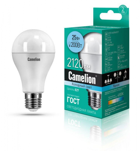 13572 Лампа светодиодная LED25-A65/845/E27 25Вт грушевидная матовая 4500К бел. E27 170-265В Camelion 