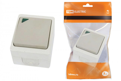 SQ1803-0004 Выключатель 1-кл. с подсветкой открытой установки IP54 10А серый "Вуокса" TDM