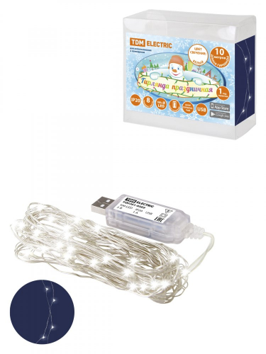 SQ0361-0089 Гирлянда светодиодная "Роса 100-Д" 10 м, 100LED, белый, ПДУ, USB, IP20, TDM