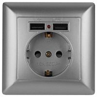Б0053715 Розетка 1-м СП Solo 4-410-03 P+E Schuko 16А 250В + 2хUSB IP20 с заземл. защ. шторки алюм. Intro 