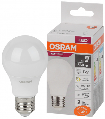 Лампа светодиодная LED Value LVCLA60 7SW/830 7Вт грушевидная матовая E27 230В 10х1 RU OSRAM 4058075577893 в г. Санкт-Петербург 