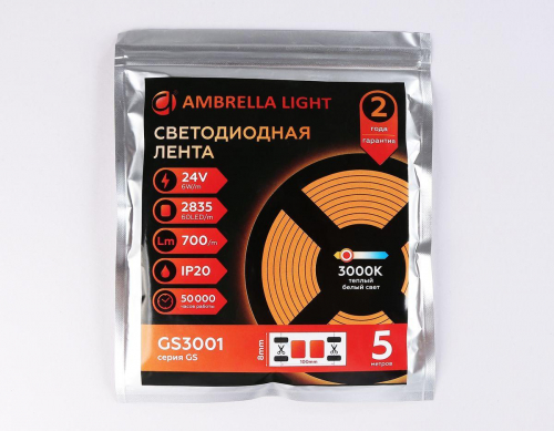 Светодиодная лента Ambrella Light 6W/m 60LED/m 2835SMD теплый белый 5M GS3001 в г. Санкт-Петербург  фото 4