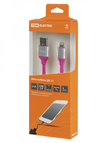 Дата-кабель, ДК 21, USB - Lightning, 1 м, силиконовая оплетка, розовый, TDM в г. Санкт-Петербург  фото 4