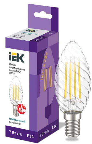 Лампа светодиодная филаментная 360° 7Вт CT35 свеча витая 4000К нейтр. бел. E14 230В IEK LLF-CT35-7-230-40-E14-CL в г. Санкт-Петербург 