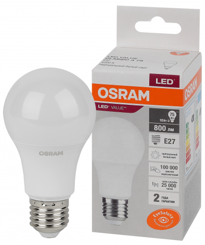 Лампа светодиодная LED Value LVCLA75 10SW/840 10Вт грушевидная матовая E27 230В 10х1 RU OSRAM 4058075578852 в г. Санкт-Петербург 