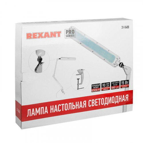 31-0408 Светильник светодиодный настольн. ECO light 90SMD бестеневой на струбцине сенсорный диммер бел. Rexant  фото 4