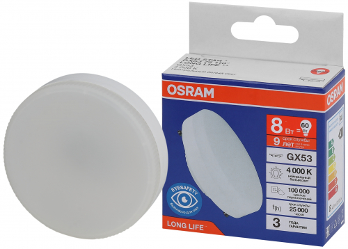 Лампа светодиодная LED 8Вт GX53 4000К 640Лм спот 220В (замена 60Вт) OSRAM в г. Санкт-Петербург 