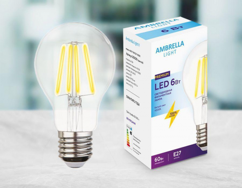 Лампа светодиодная филаментная Ambrella light E27 6W 4200K прозрачная 205029 в г. Санкт-Петербург 