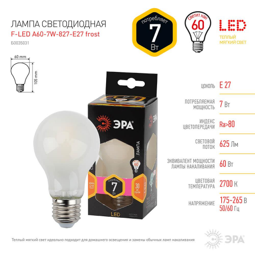 Лампа светодиодная филаментная ЭРА E27 7W 2700K матовая F-LED A60-7W-827-E27 frost Б0035031 в г. Санкт-Петербург  фото 2
