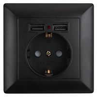 Б0053717 Розетка 1-м СП Solo 4-410-05 P+E Schuko 16А 250В + 2хUSB IP20 с заземл. защ. шторки антрацит Intro 