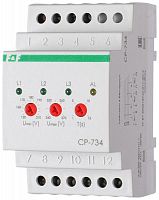 EA04.009.007 Реле напряжения CP-734 (трехфазное; контроль нижнего (150-210В) и верхнего (240-270В) порога напряжения; отдельный контакт на каждую фазу; монтаж на DIN-рейке 35мм 3х400/230 N 3х8А 3х1R IP20) F&F 