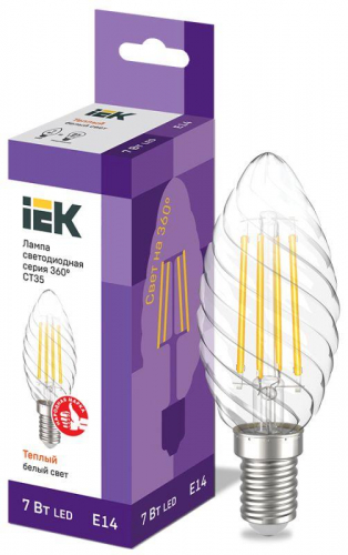 Лампа светодиодная филаментная 360° 7Вт CT35 свеча витая 3000К E14 230В IEK LLF-CT35-7-230-30-E14-CL в г. Санкт-Петербург 