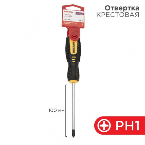 12-4727 Отвертка крестовая PH 1х100мм двухкомпонентн. рукоятка Rexant 
