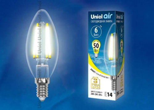 Лампа светодиодная филаментная Uniel E14 6W 3000K прозрачная LED-C35-6W/WW/E14/CL GLA01TR UL-00002196 в г. Санкт-Петербург  фото 2
